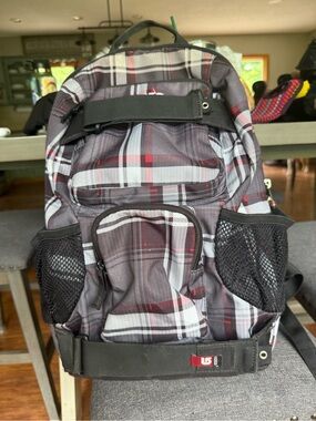 Vintage Burton Gray Plaid Backpack with Red Accents
